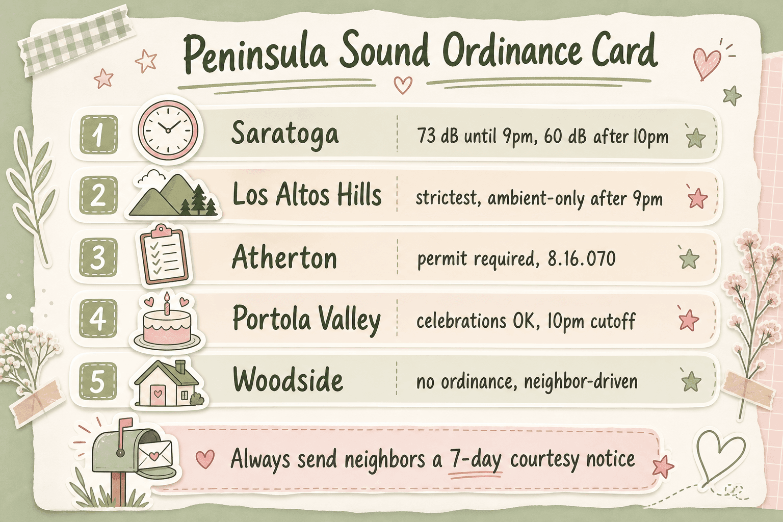 Pastel infographic card titled Peninsula Sound Ordinance Card with city-by-city cutoff times and dB caps for Saratoga, Los Altos Hills, Atherton, Portola Valley, and Woodside