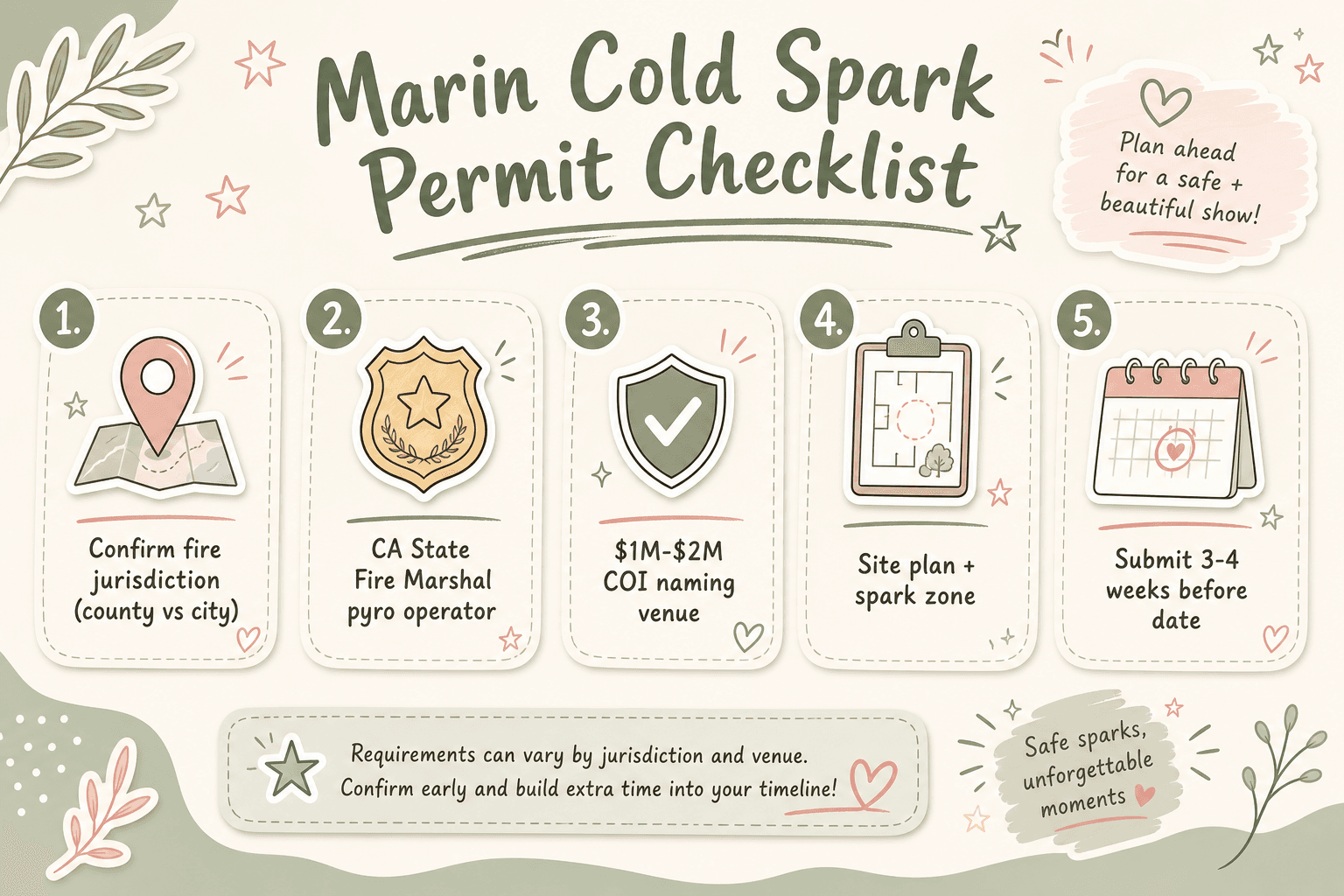 Pastel sage infographic checklist titled Marin Cold Spark Permit Checklist with five numbered sticker-style items